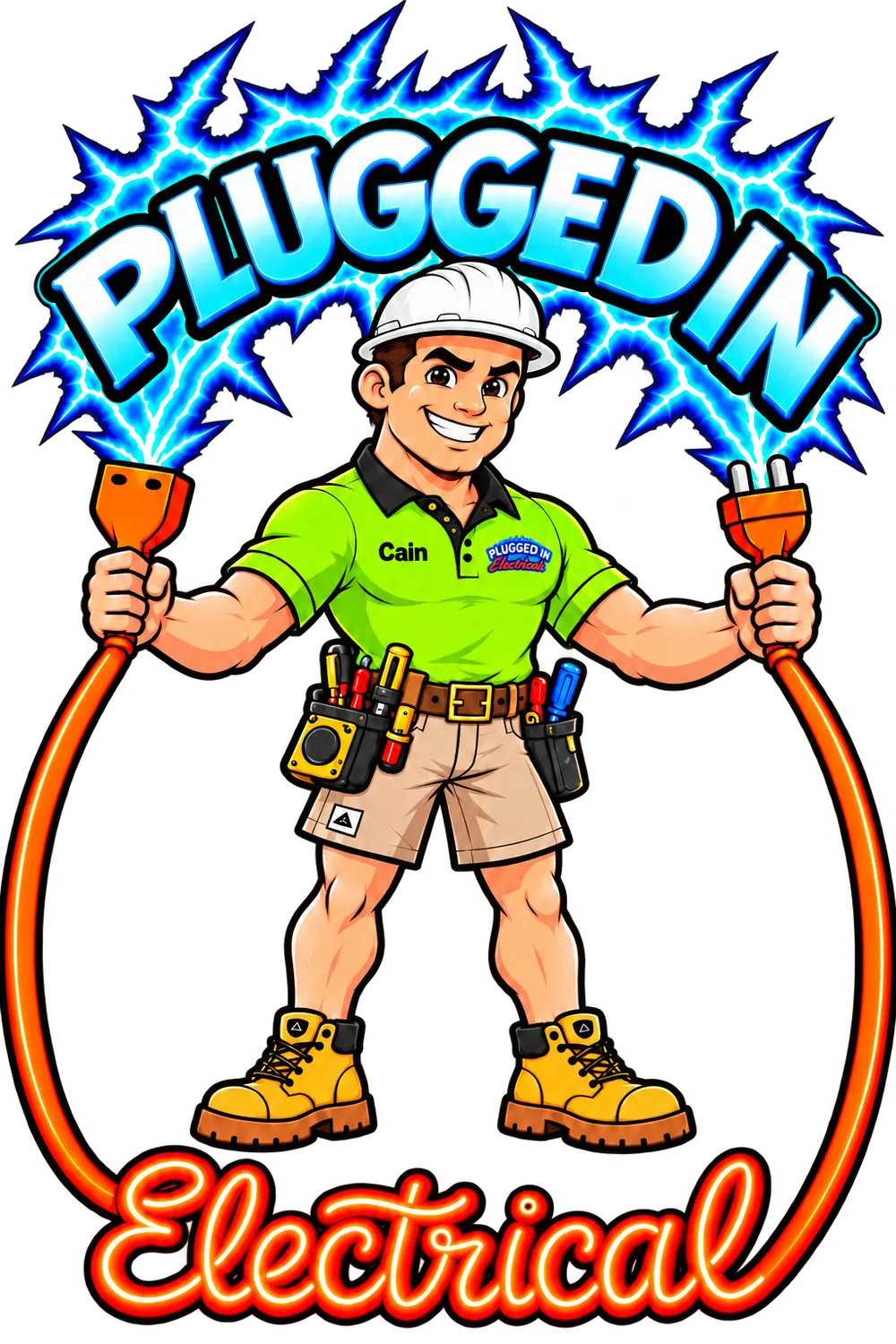 Cain, the Plugged In Electrical sparky, holding an orange extension lead
